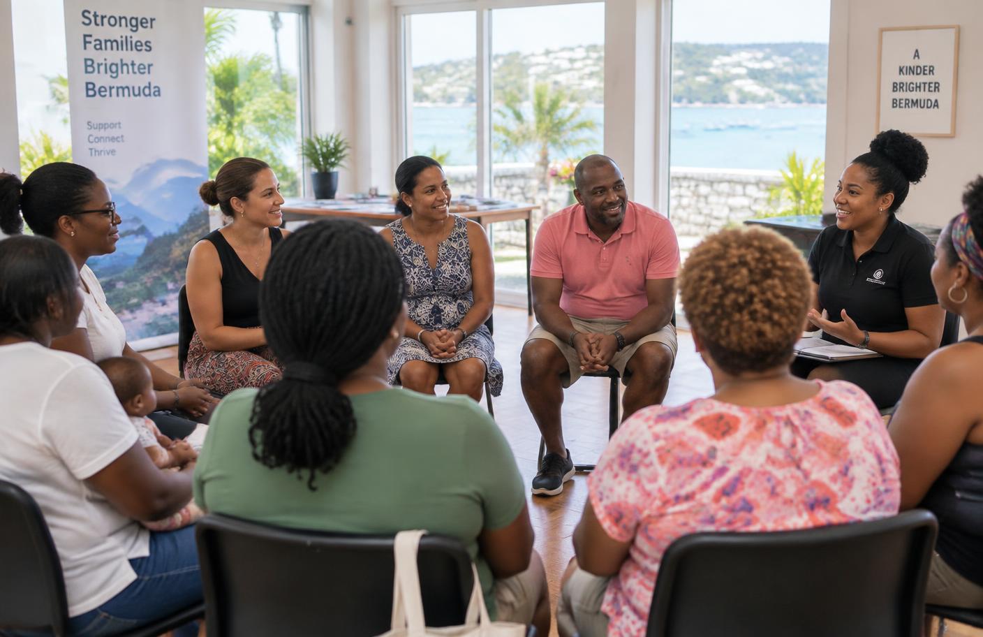 Parents and caregivers sitting together in a circle at a community meeting