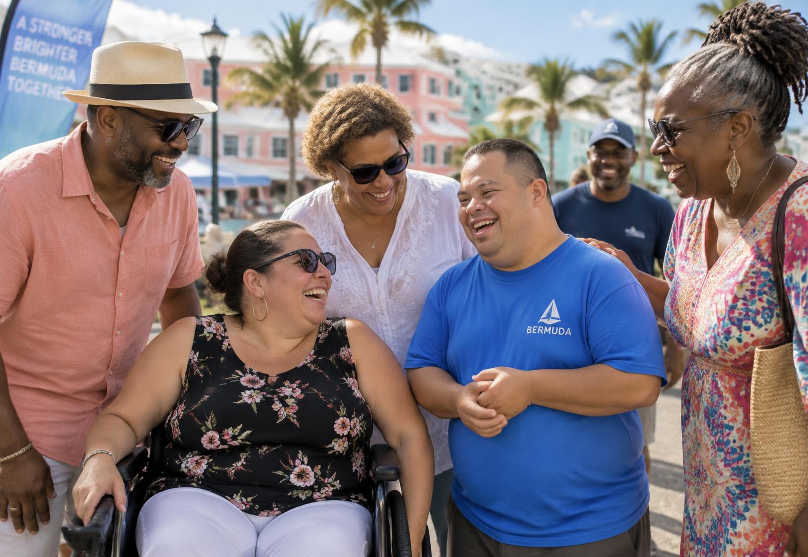 A group of adults, including a wheelchair user and a man with Down syndrome, laughing together at a community event in Bermuda